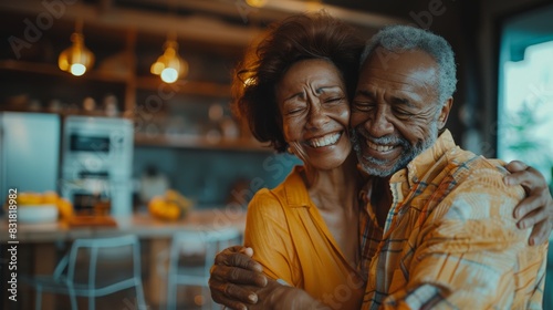 Portrait of a happy retired senior biracial couple smiling at each other at home