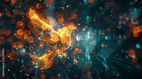 A 3D rendering of a phoenix constructed entirely of digital currency symbols and graphs showcasing the revolutionary potential of digital coins.