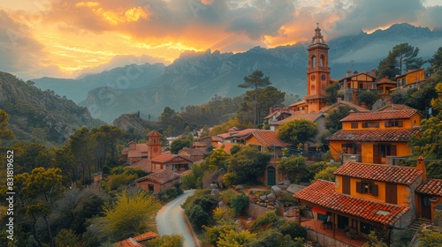 Serene village at sunset with orange roofs and a scenic church tower amidst mountains, creating a picturesque and tranquil landscape.