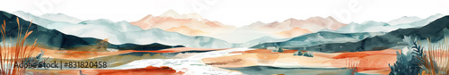 Serene watercolor mountain landscape with soft hues and whitespa