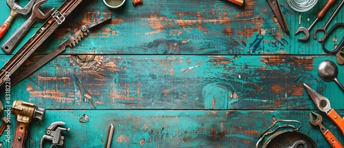 Vintage workbench layout with various hand tools scattered on a weathered turquoise wooden surface, ideal for DIY projects or crafts.