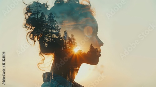 Influencer marketing campaign (close up, focus on, copy space) Modern and influential tones Double exposure silhouette with camera ,