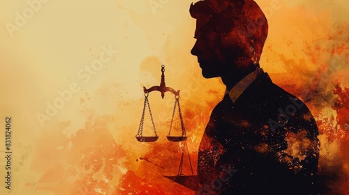 Lawyer reviewing legal documents (close up, focus on, copy space) Professional and precise colors Double exposure silhouette with scales of justice ,