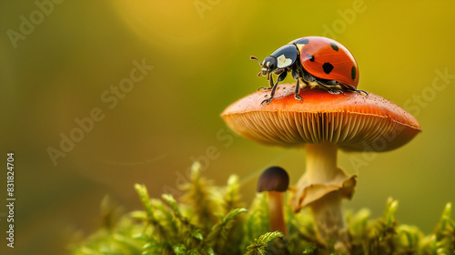 A ladybug is sitting on a mushroom. The mushroom is orange and green. The ladybug is red and black