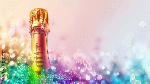 A bottle of champagne with a gold top sits on a table. The bottle is labeled with the word "Zevo." The image has a colorful and vibrant feel, with a mix of blues, greens, and purples
