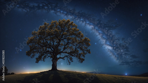 a large tree in with a starry night sky behind it. 