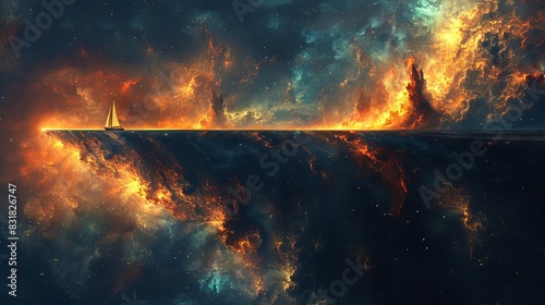 A flat Earth with a sailboat at the edge, floating in the cosmic void, symbolizing exploration and fantasy, Sci-fi, Deep colors, Digital Illustration