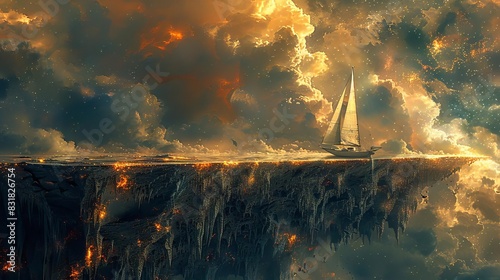 A flat Earth with a sailboat at the edge, floating in the cosmic void, symbolizing exploration and fantasy, Sci-fi, Deep colors, Digital Illustration