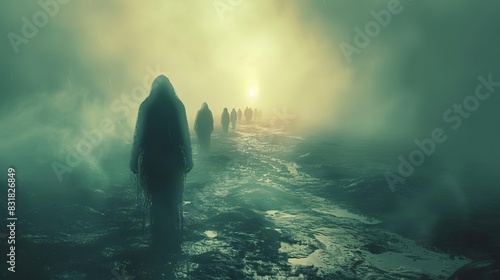 A group of people in a foggy landscape, one person breaking away towards a bright light, symbolizing hope and determination, Futuristic, Cool tones, 3D Render