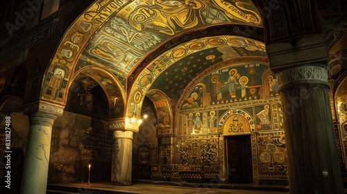 A Byzantine entablature with intricate mosaics and iconography glows in the warm flicker of candlelight.