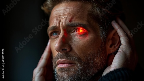 Close-up of a man massaging his eyes with red highlights, indicating intense eye discomfort or migraine, Informative, Grey scale with red emphasis, Medical Illustration