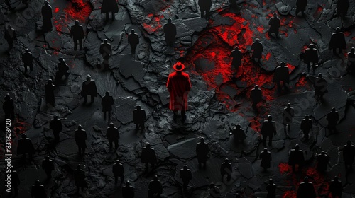 Single red person in a sea of black silhouettes, representing uniqueness and visibility, Conceptual, Bold colors, Digital Illustration