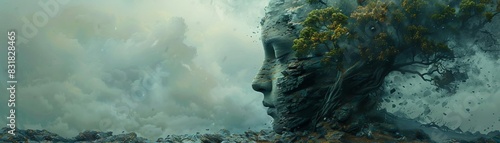 Stone head and tree combination, surreal art piece, high detail and creative concept