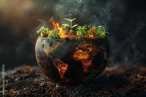 The world ablaze in a pot, symbolizing the dangers of unchecked global warming, Apocalyptic, Dark background, Digital Composite