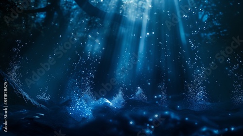 A mysterious and enchanting underwater scene with bubbles rising through a dark, indigo liquid, illuminated by shafts of light creating a deep-sea ambiance.
