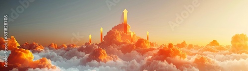 Yellow arrows shooting up from clouds, white background, growth and success concept