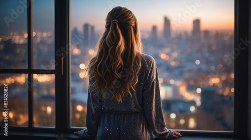 The back of a long-haired woman looking out in pajamas at the city at sunset