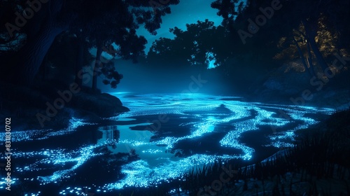 A night scene of a bioluminescent bay, where the water glows with a magical blue light due to the presence of microorganisms, surrounded by a dark forest silhouette.