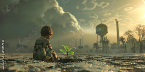 boy are stand holding seedlings are in dry land in a warming world,Hand of child planting new life outdoors.