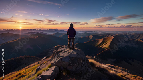 A man is standing on a mountaintop, wearing a backpack. The sun is sinking in the distance, giving the picture a warm light.