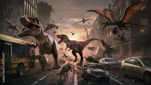 Dinosaurs roam the city.