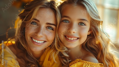 a cheerful mother and daughter hugging on a bright yellow background