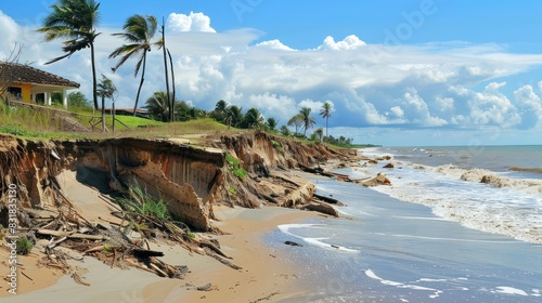 Coastal Erosion: Photograph coastal areas affected by erosion and sea level rise, with beaches, cliffs, or shoreline infrastructure crumbling into the ocean due to increased storm.