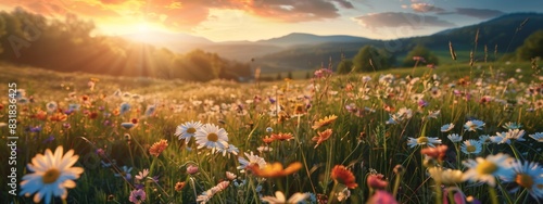 Beautiful natural rural field scenery with blooming daisy flower field in meadow in hilly countryside.