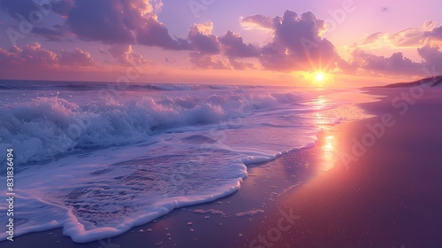 Gentle waves lapping against a sandy shore under a sky painted in soft purple and yellow