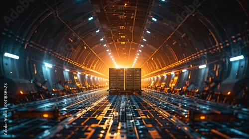 Detailed shot of a cargo hold on a commercial airplane, with containers being methodically loaded for global transport