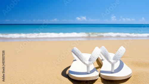 Weiße Flip-Flops oder Sandalen liegen am sonnigen Sandstrand mit blauem Meer und klarem Himmel im Hintergrund, Konzept für Sommerurlaub und Entspannung