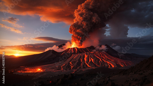 A volcanic eruption at night with lava flowing down the sides of the volcano 