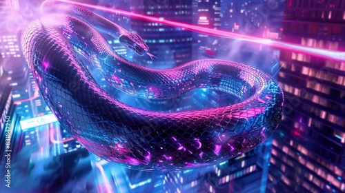 Cyberpunk Snake Year - Graceful Snake, High Speed Motion Blur, Neon Lights, Laser Beams, Futuristic Skyscrapers, Cinematic Vibe, AI-Generated 4K Wallpaper，Flexible and graceful snake acts as a high-sp