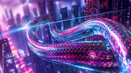 Cyberpunk Snake Year - Graceful Snake, High Speed Motion Blur, Neon Lights, Laser Beams, Futuristic Skyscrapers, Cinematic Vibe, AI-Generated 4K Wallpaper，Flexible and graceful snake acts as a high-sp