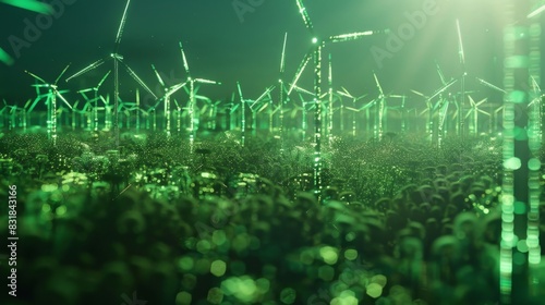 Ast a sea of green fields an array of decentralized windmills turn in sync their movements guided by the everevolving blockchain technology.