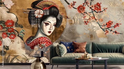 Geisha against the background of an old wall with golden elements in Japanese style.