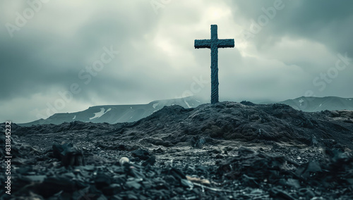 Isolated Christian Cross on a Barren Landscape
