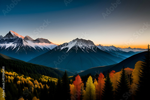 Mountain ridge with many peaks and the forest at the foot - stock vector