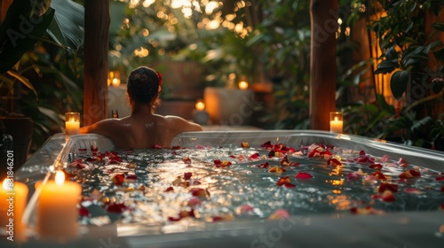 A serene image of a person soaking in a luxurious hot tub surrounded by candles and flower petals, with a tranquil garden in the background, offering a moment of relaxation and ind