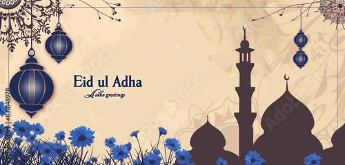 Bakr Eid celebration with blue cornflowers, mosque silhouette, and decorative lanterns, left side copy space, elegant and minimalist, "Eid ul Adha greetings", festive card,