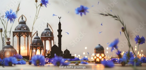 Bakr Eid celebration with blue cornflowers, mosque silhouette, and decorative lanterns, left side copy space, elegant and minimalist, "Eid ul Adha greetings", festive card,