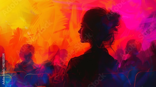 A digital artwork featuring an abstract silhouette of a woman immersed in an intellectual discourse at a lecture.
