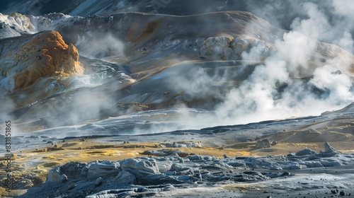 An otherworldly geothermal landscape with hot springs, mineral deposits, and erupting geysers, showcasing Earth's raw power.