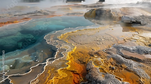 A geothermal landscape with hot springs, vibrant minerals, and geysers showcases Earth's power and beauty.