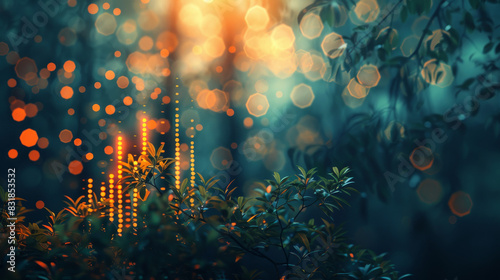 A stylized depiction of tree branches and business growth charts with glowing bokeh light effects, symbolizing eco-friendly economic development