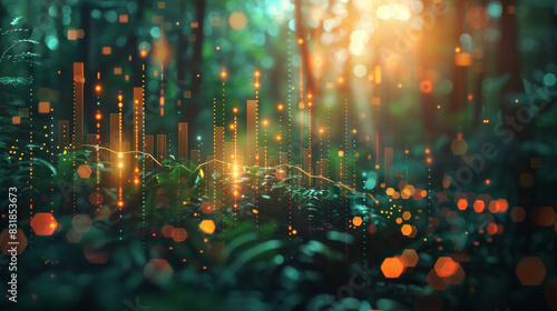 A stylized depiction of business graphs and eco symbols intertwined with glowing bokeh effects, highlighting the balance between economic growth and environmental responsibility