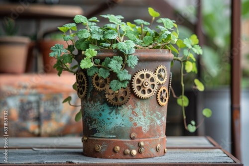 A terracotta planter with brass gear embellishments and a verdigris patina, giving it an antique yet mechanical look