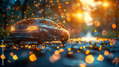 Abstract patterns featuring car silhouettes and eco elements like leaves and recycling symbols, set against a backdrop of shimmering bokeh lights, symbolizing sustainable automotive solutions