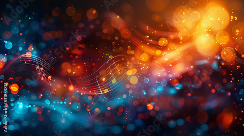 Abstract music notes intertwined with colorful bokeh lights on a dark background, creating a vibrant and dynamic composition