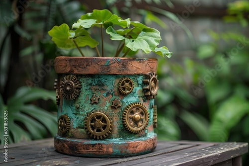 A terracotta planter with brass gear embellishments and a verdigris patina, giving it an antique yet mechanical look
